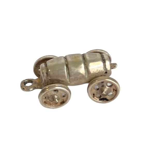 Vintage Sterling Silver Wagon Charm Articulated Wheels Wine Barrel Race Car 800 - Picture 1 of 8